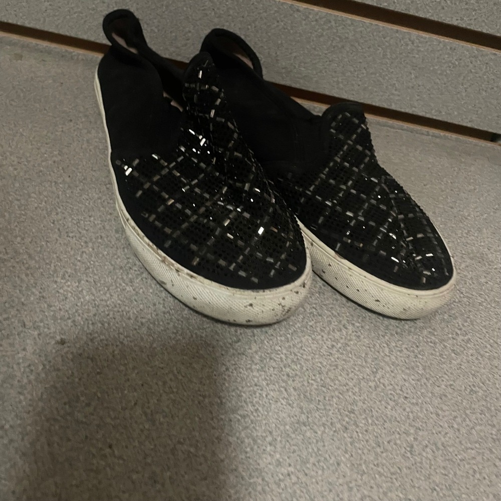 Womens Black Embellished Slip On Sneakers Rhinestone‎ Studded Low Top Shoes Sz 8